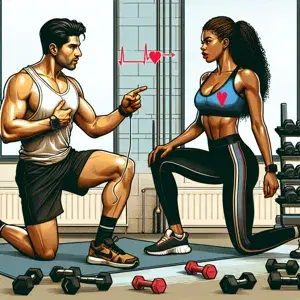 Two people in workout attire engaged in heart rate training. Dumbbells and exercise mats in the background. Displaying determination and focus in a fitness setting.