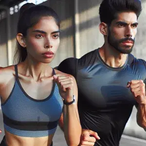 Two individuals engaged in intense exercise, running or working out with focus and determination. The background is a generic fitness setting like a gym or outdoor track.