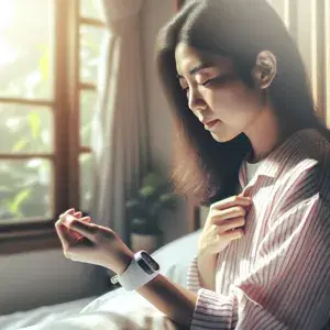A person measuring their heart rate in a calm morning scene, reflecting on fitness and training recovery. Soft morning light fills the room, highlighting the importance of monitoring heart rate for optimal training.