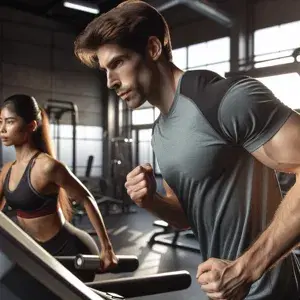 A determined man sprinting on a treadmill and a woman lifting weights in a well-equipped gym. Both focused on improving fitness and endurance.