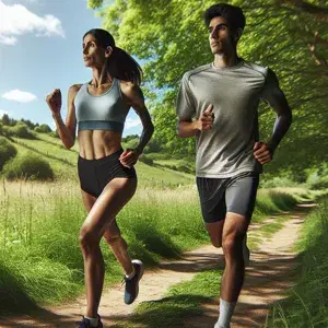 Two runners in athletic gear show determination as they run through beautiful natural scenery with focus and proper form.