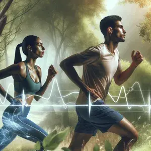 Two people exercising outdoors in a peaceful setting, focused and determined on optimizing their heart rate variability for enhanced running performance.