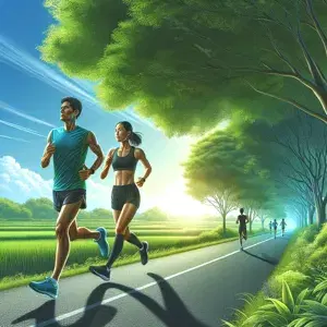 Two diverse individuals, running on a serene green path under a clear blue sky. Their focus and determination shine in the peaceful surroundings.