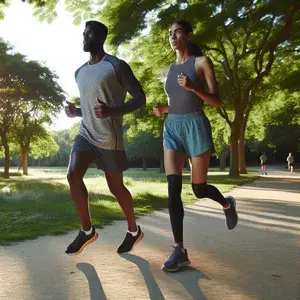 Diverse individuals running with determination on a park trail, showcasing proper running techniques and promoting a healthy, active lifestyle.