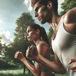 Two runners in athletic attire seen running together in a natural setting surrounded by trees and clear skies, emphasizing form, determination, and mutual support.