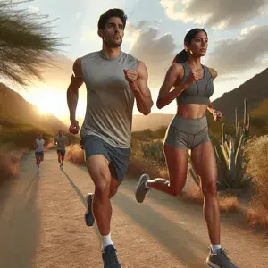 Two determined runners in athletic attire, focused on long-distance running in a scenic outdoor setting. They embody fitness, health, and the connection between running and nature.