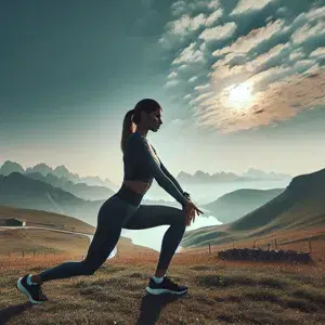 Person in athletic attire performs dynamic stretches for long-distance running outside, with a focus on leg swings and lunges. Peaceful outdoor setting with natural background, no landmarks.