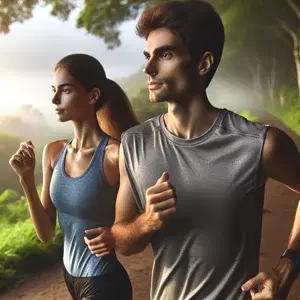 A picturesque running trail in nature with diverse individuals showing determination and focus during a long-distance run.