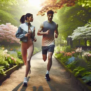 A diverse couple running on a scenic outdoor path, dressed for the weather. They wear breathable clothing appropriate for different seasons, surrounded by blooming flowers and lush greenery, promoting inclusivity and diversity in the running community.