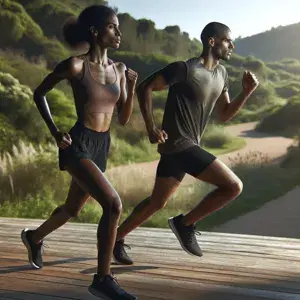Two runners in a park, focused and determined, embodying pacing, endurance, and mental toughness. They wear generic athletic wear in a green outdoor setting.